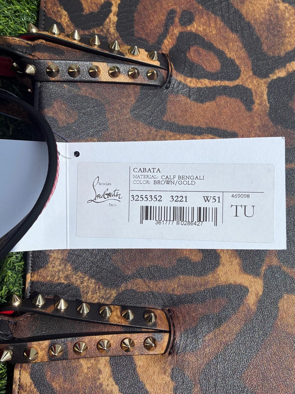 CHRISTIAN LOUBOUTIN LARGE CABATA LEATHER TOTE SPIKES BROWN WITH POUCH SET NEW - Picture 13 of 16